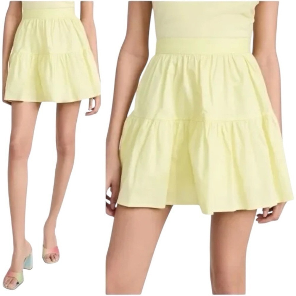 New STAUD Tiered Cotton Sea Mini Skirt Sunray Pale Yellow $175